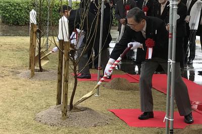 岸田総理大臣と共に記念植樹を行う斉藤大臣